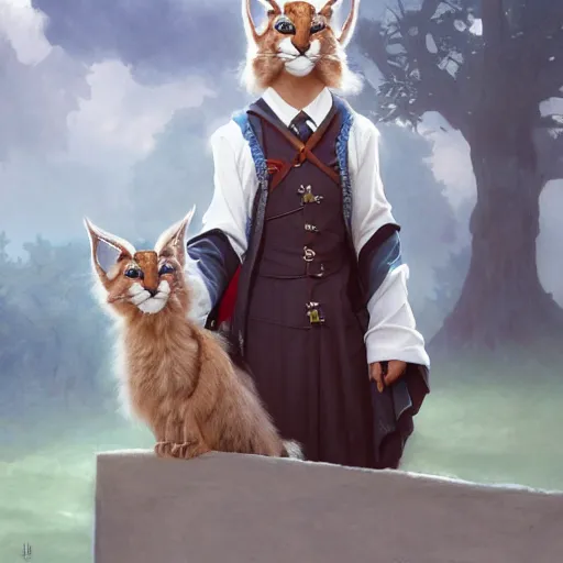 Prompt: painting of beautiful, surprissed shocked cute fluffy caracal, dressed as a hogwarts student, harry potter, glasses, by ruan jia and artgerm and range murata and krenz cushart and william adolphe bouguereau, key art, fantasy illustration, award winning, intricate detail realism hdr, full body painting