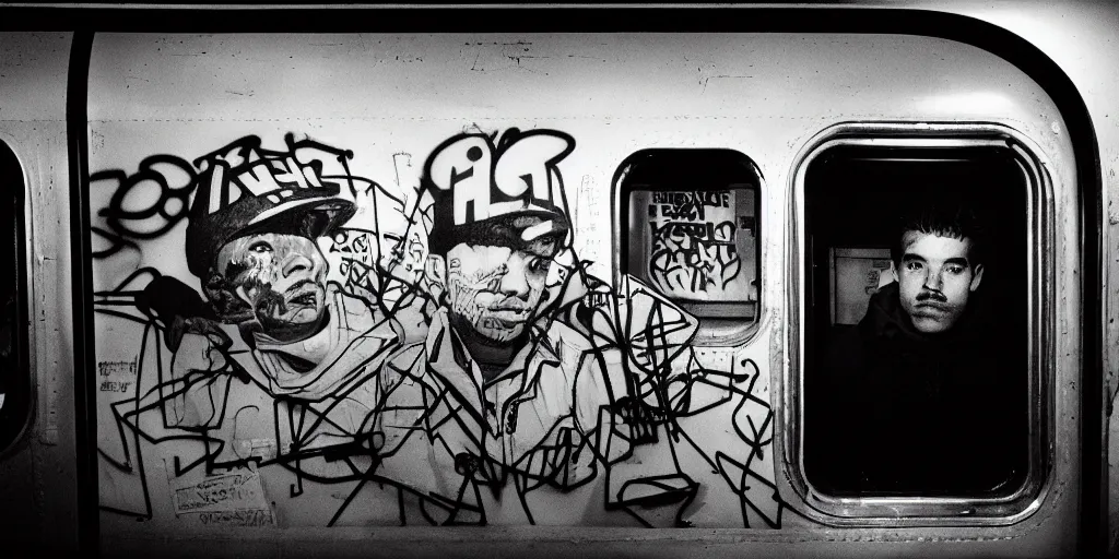 Prompt: subway cabin inside all in graffiti, man in carhartt jacket closeup, man with the dog, night, film photography, exposed b & w photography, christopher morris photography, bruce davidson photography