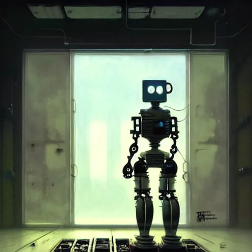 Image similar to detailed concept art of a diesel punk robot in an empty room in a muted color palette, trending on artstation, award - winning video game concept art by jim burns and greg rutkowski, beksinski, a sci - fi concept art masterpiece, james gilleard, bruegel, alphonse mucha, and yoshitaka amano.