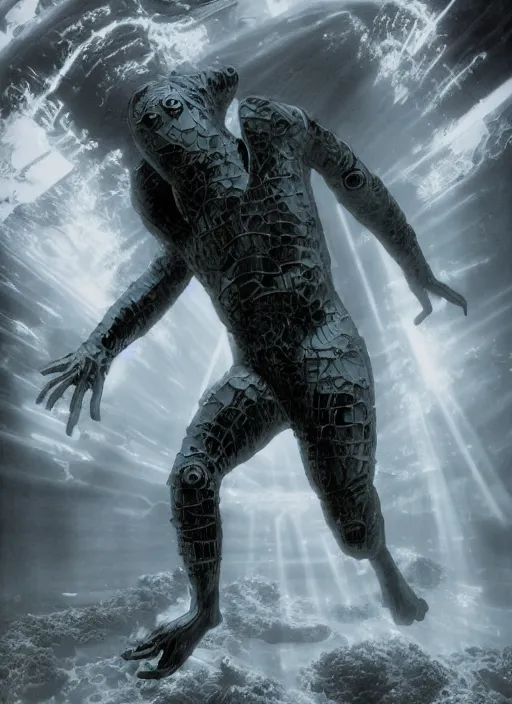 Image similar to astronauts in dark and empty void underwater - complex and hyperdetailed technical suit. reflection and dispersion materials. rays and dispersion of light. volumetric light. 5 0 mm, f / 3 2. noise film photo. flash photography. ultra realistic, wide angle. poster by wayne barlowe, hajime sorayama aaron horkey, craig mullins