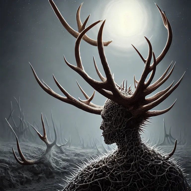 Image similar to surreal portrait of white demon covered with ribbed white spiky spiral crooked antlers, in wastelands on white exoplanet at night, baroque portrait painting, beautiful intricate insanely detailed octane render, artstation, 8 k artistic harsh flash photography, photorealistic, volumetric perfect light, chiaroscuro, raphael, caravaggio, beksinski, rutkowski, giger