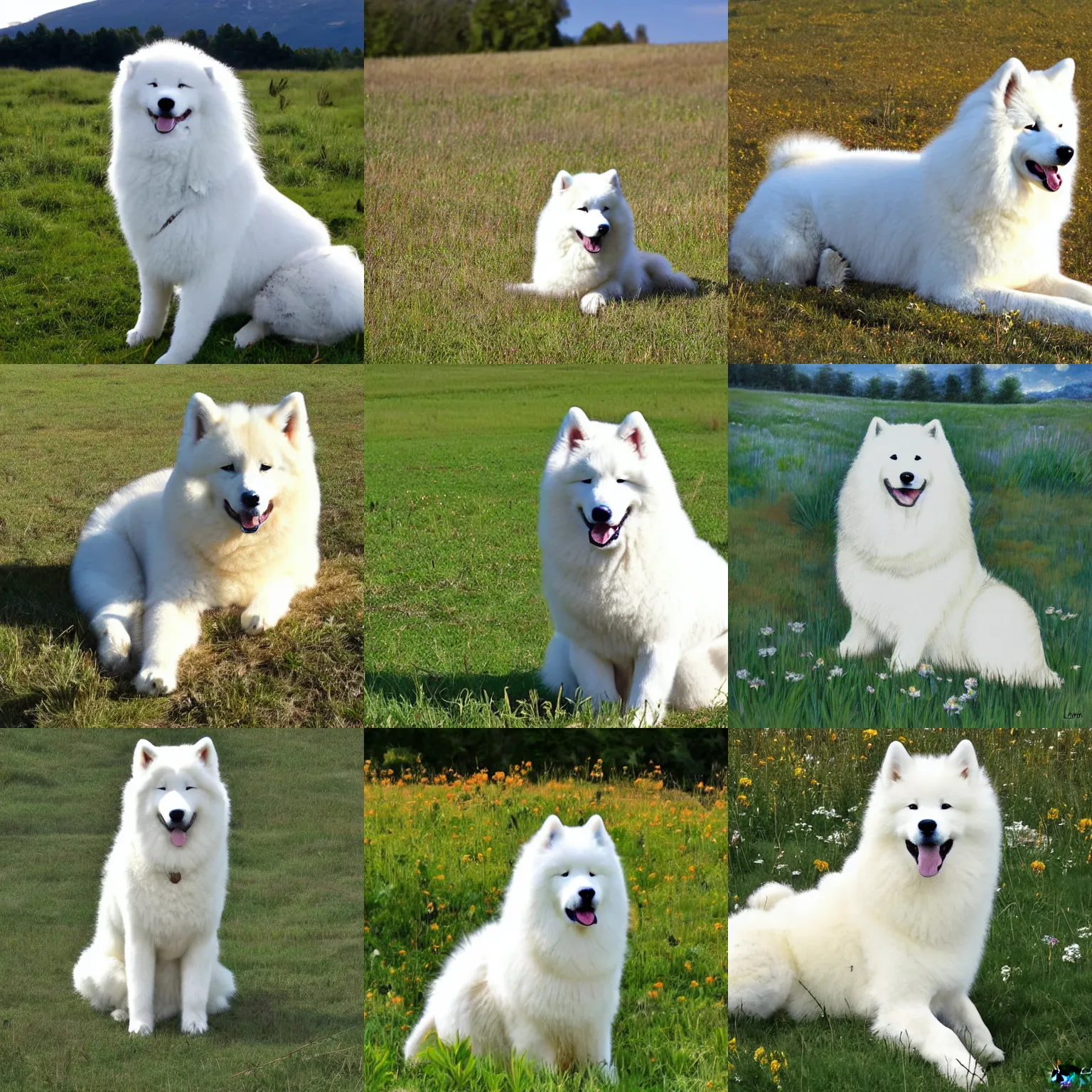 Prompt: a samoyed dog sitting in the middle of sunny meadow, by Larry Lieber