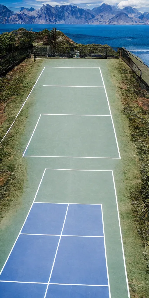 Image similar to Tennis court between mountains and sea. the style of National Geographic magazine