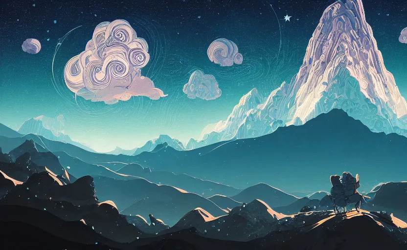 Prompt: mountains, stars and paisley filled sky, artstation, intricate, highly detailed, digital painting, concept art, sharp focus, illustration by Yoshitaka Amano and James Gilleard