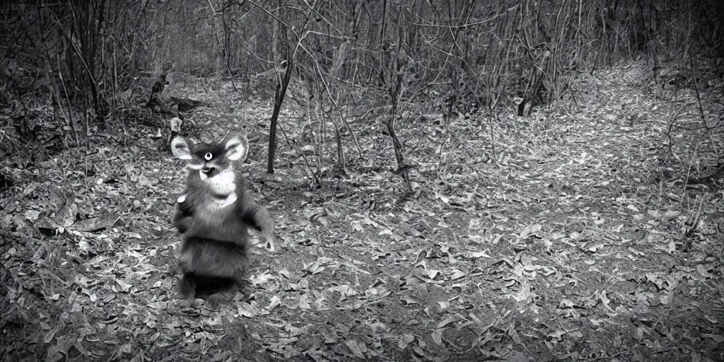 Image similar to chuck e cheese trail cam footage, greyscale
