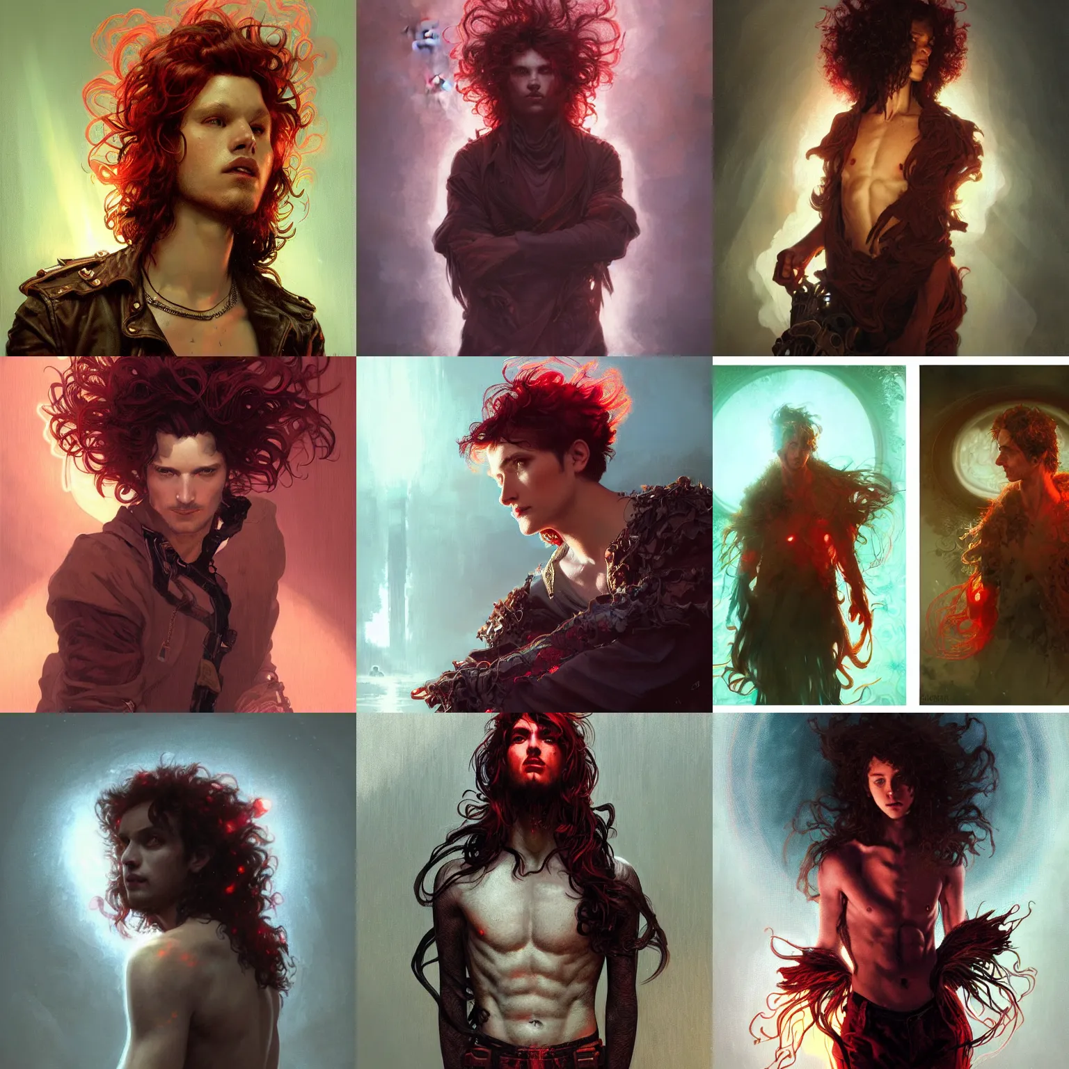 Prompt: young punk rock man with dark brown waist length curly hair and glowing halo of red lightning, ethereal, dramatic lighting, intricate, elegant, highly detailed, digital painting, artstation, concept art, smooth, sharp focus, illustration, art by Krenz Cushart and Artem Demura and alphonse mucha