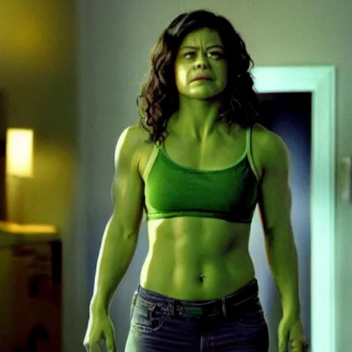 Prompt: a still of! tatiana maslany as she! hulk