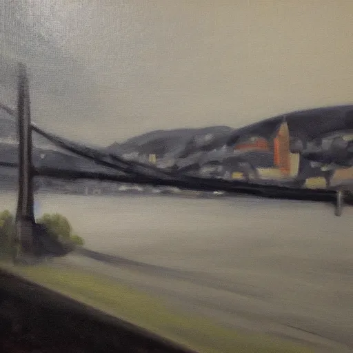 Image similar to very abstract painting of the rhine in basel, very rough brush strokes, oil on canvas, muted greyscale colors, great composition