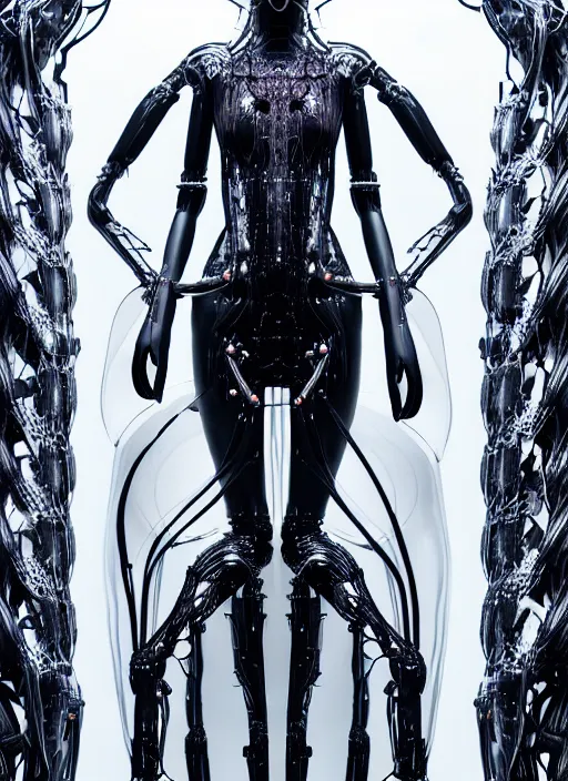 Image similar to catwalk, forest, iris van herpen gothic inflateble dark dress, perfect symmetrical body, helmet on face, full body shot, inflateble shapes, wires, tubes, veins, jellyfish, white biomechanical details, wearing epic bionic cyborg implants, masterpiece, intricate, biopunk, vogue, highly detailed, artstation, concept art, cyberpunk, octane render