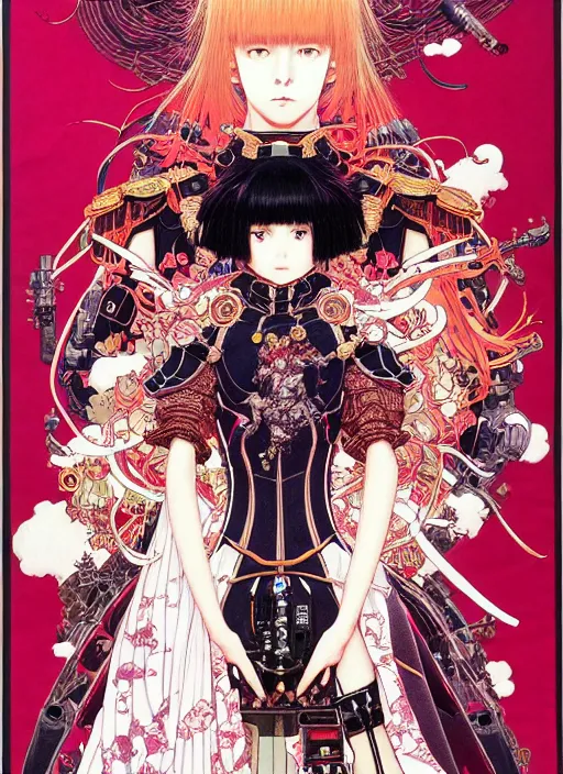 Image similar to highly detailed fate artstation katsuhiro otomo fluorescent fantastic fate manga poster of princess mechine, minaba hideo, takato yamamoto, long hair, armor, laces, ruffles, 8 k, maximalist, art nouveau,