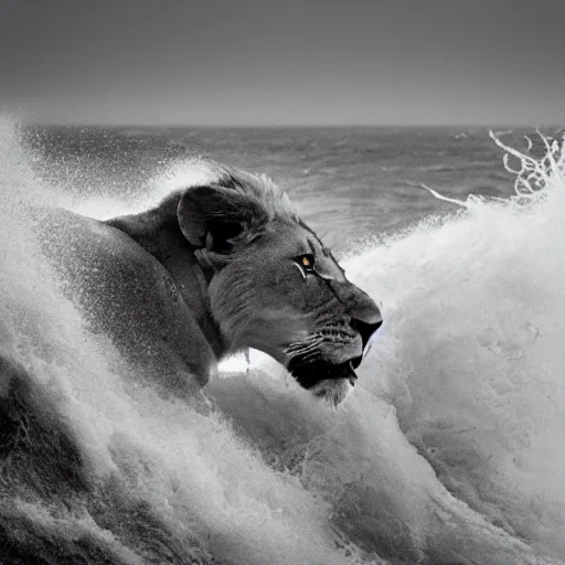 Image similar to a lion's face breaching through a wave, stormy weather