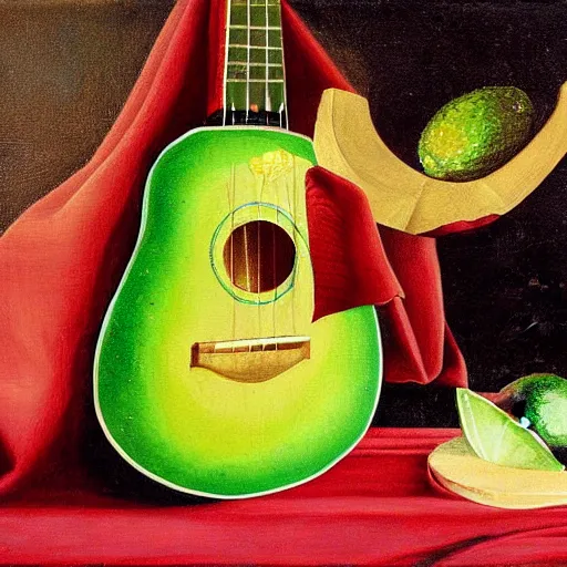 Prompt: avocado ukulele painted by caravaggio