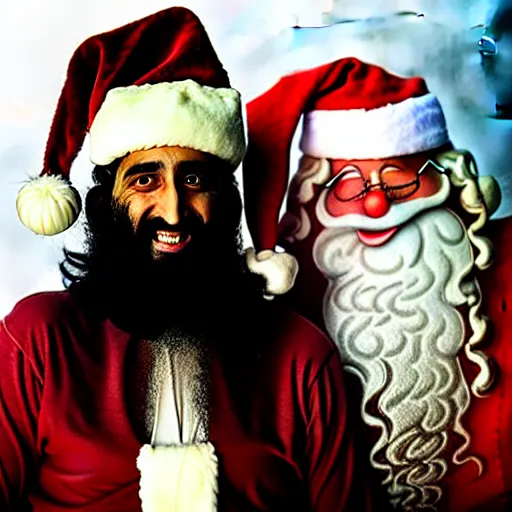 Prompt: uhd candid photo of bin laden and santa claus on skid row, making a dirty bomb. correct faces, studio lighting, intricate details, hyperdetailed, accurate faces. photo by annie leibowitz