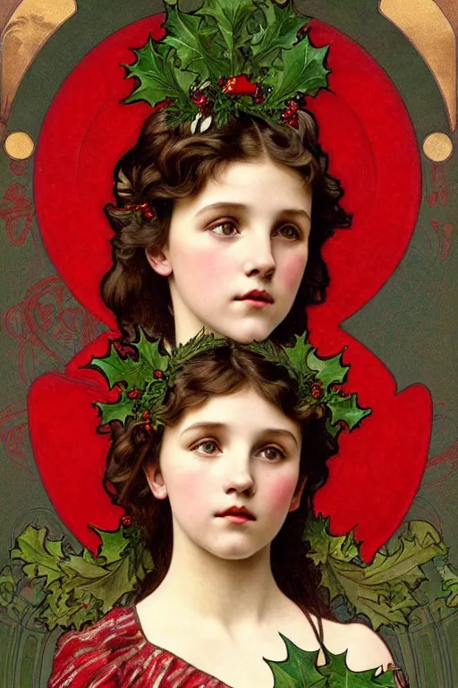 Image similar to realistic art nouveau style detailed portrait of 1 4 - year - old millie bobby brown wearing a holly wreath as a crown at christmas by alphonse mucha, william adolphe bouguereau, and donato giancola art nouveau style, red and green christmas colors