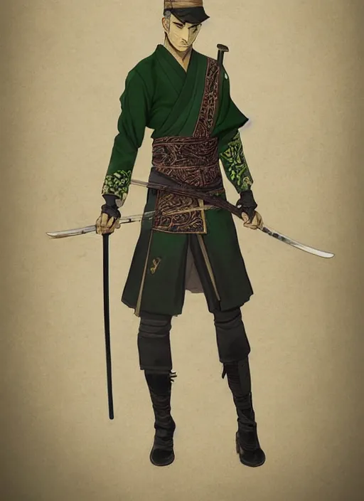 Prompt: a portrait of roronoa Zoro if he was real, wearing a traditional samurai dress, intricate, highly detailed, digital painting, artstation, concept art, smooth, sharp focus, illustration, art by Charlie Bowater and Gustave Baumann, matte painting
