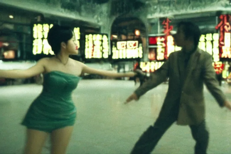 Prompt: wong kar wai dancing love movie scene. wide angle 9 mm lens, close up