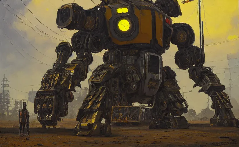 Prompt: an intricate oil painting of a giant armored plated metal mecha by simon stalenhag, rust, yellow and black trim