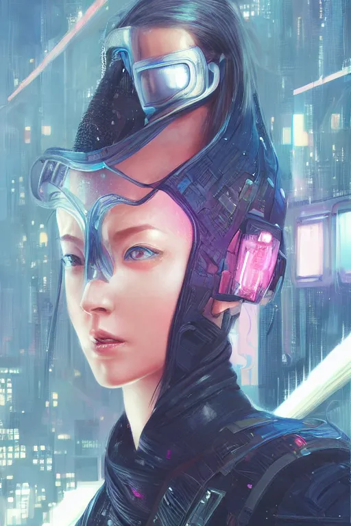 Image similar to portrait futuristic Ninja Girl, in future cyberpunk tokyo rooftop , ssci-fi, fantasy, intricate, very very beautiful, elegant, neon light, highly detailed, digital painting, artstation, concept art, smooth, sharp focus, illustration, art by tian zi and WLOP and alphonse mucha