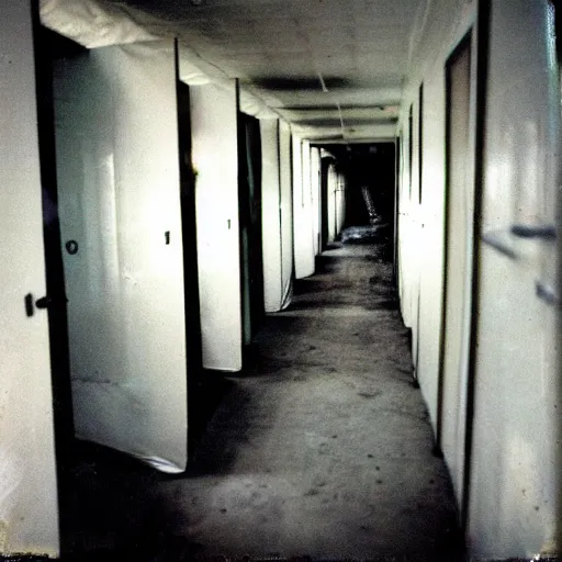 Prompt: inside a hallway made of empty medical tents, eerie, surreal, creepy, old polaroid, expired film,