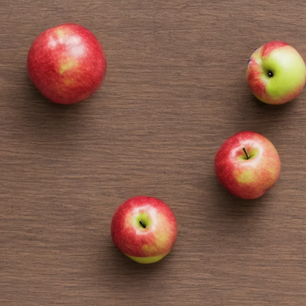 Image similar to top-down view with solo apple top of a wooden table, wallpaper, 4k, photorealistic