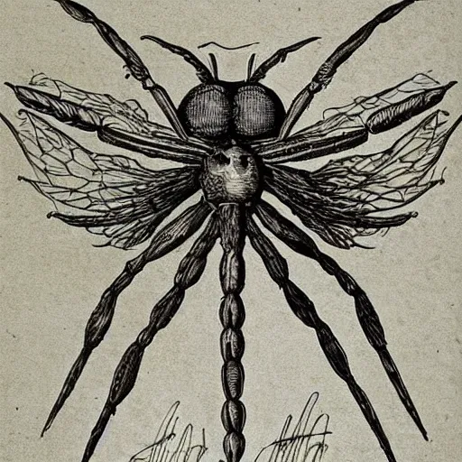 Image similar to detailed medical drawing, motif is a winged spider, drawing by Leonardo da Vinci