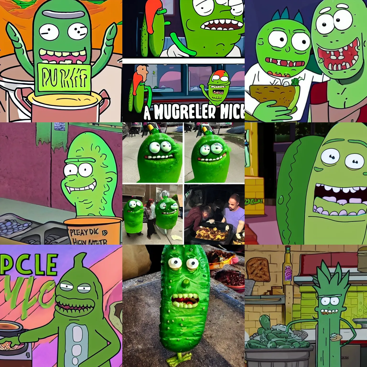 Prompt: pickle rick feeds the homeless, cartoon pickle, soup kitchen