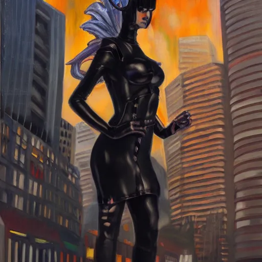 Prompt: cyber girl with demon horns and a fine dress with gloomy face and mad eyes in front of a cybercity holding a black feather in her hand, 8k, oil painting