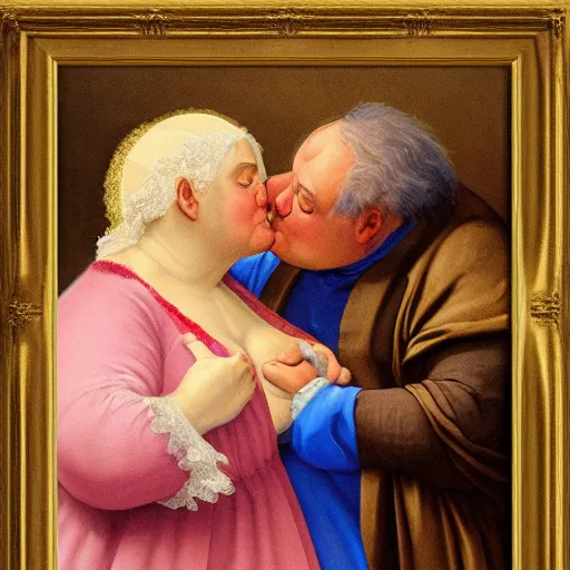 Image similar to of a very funny renaissance style oil painting of a sweet fat old woman kissing herself. symmetrical face, red mouth, blue eyes. a flowered dress. a hyper - realistic scene. 3 d, octane processing, deep focus. a very funny and sweet picture. unreal engine. watercolor. fellini cinematic style. poster quality. freud painting style.