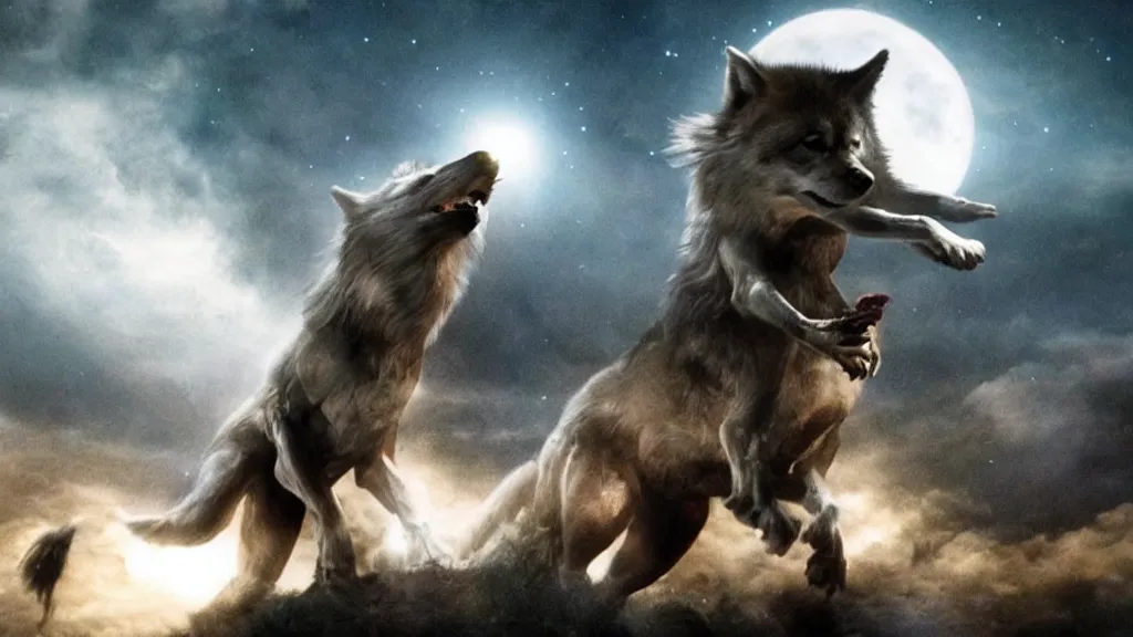 Image similar to Beautiful epic cinematography of David Bowie riding a giant wolf at night