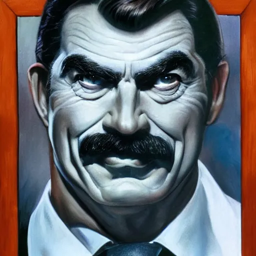 Image similar to ultra realistic head and shoulders portrait painting of tom selleck as the riddler, art by frank frazetta, 4 k, ultra realistic, highly detailed, epic lighting