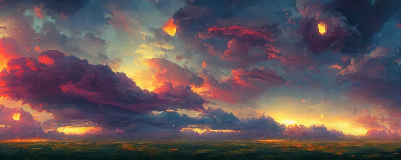 Prompt: ” epic clouds, [ cinematic, detailed, epic, widescreen, opening, establishing, mattepainting, photorealistic, realistic textures, octane render, art by paul lehr ] ”