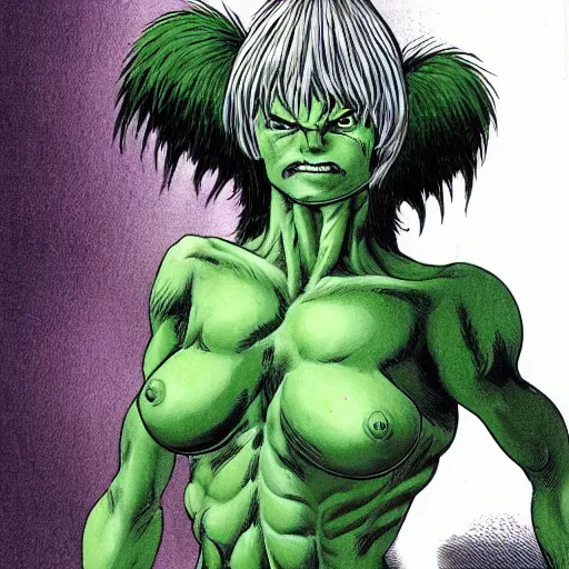 Image similar to a full character portrait of a toned physique green orc woman with a ponytail in full plate armor, by junji ito