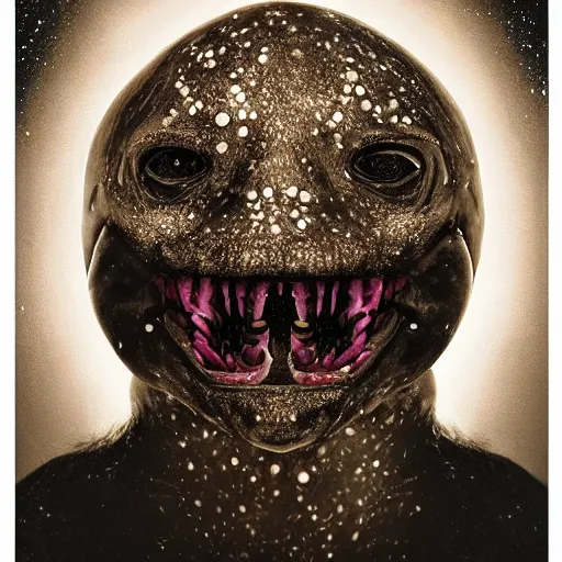 Image similar to a sentient alien from a newly discovered planet. angular jaw, open mouth, large canine teeth and it's throat is covered in spiny hairs, it's smooth bioluminescent skin is splattered by brown freckles on its cheeks, middle aged, hunter gatherer, portrait photograph, beautiful, poster, hyperrealistic