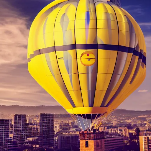Image similar to a futuristic bauhaus neo solar punk civilization hot air balloon carrying a sign that says'have a beautiful day ', yellow calibri font, golden hour, photography, award - winning, hyper detailed, 4 k, smooth, sharp focus, trending