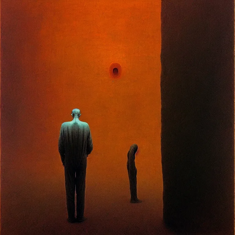 Image similar to a man looking at his mind pondering the absurdity of existence, by zdzisław beksinski and salvador dali, surreal, oil on canvas, hyper detailed, soft