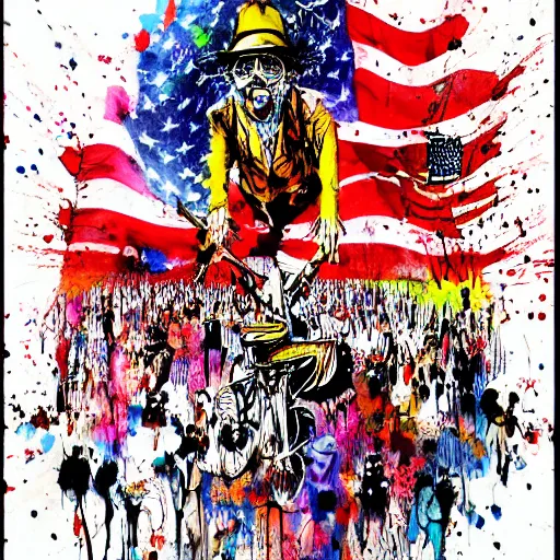 Prompt: the American dream, Ralph Steadman, ink splatter, psychedelic, surreal, detailed, 4k