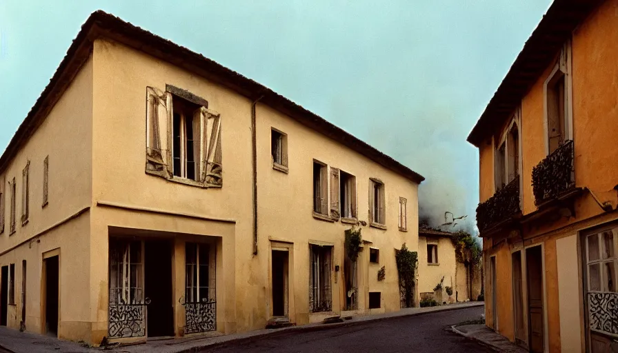 Image similar to 1 9 6 0 s movie still of a burning french style townhouse in a small french village, cinestill 8 0 0 t 3 5 mm technicolor, high quality, heavy grain, high detail, dramatic light, ultra wide lens, panoramic, anamorphic, flares