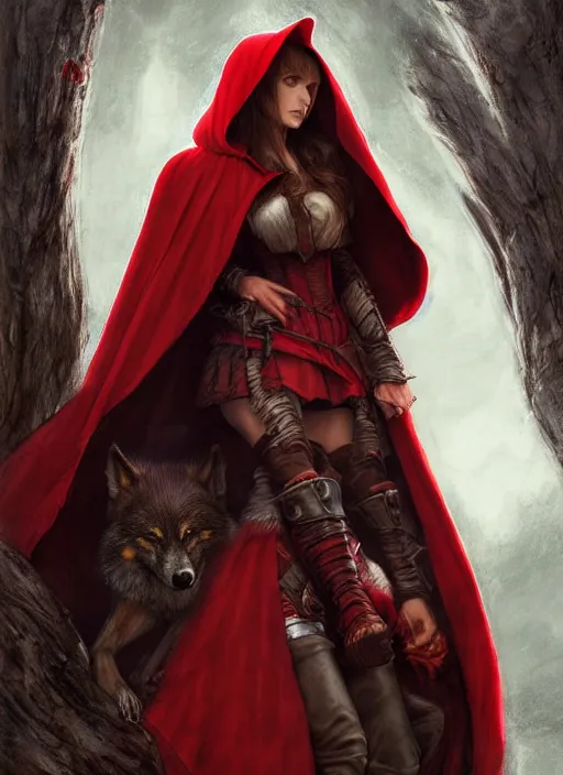 Image similar to digital _ picture _ little red riding hood and the wolf _ red cloak _ wonderful eyes _ philippe _ poles _ and _ justin _ gerard _ symmetrical _ fantasy _ very _ detailed _ realistic _ complex _ clear focus