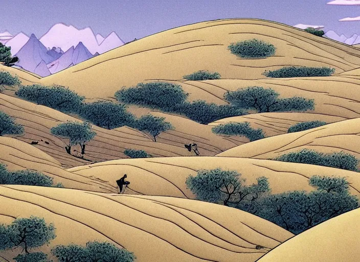 Image similar to endless bland pale wheat sloping landscape by bill watterson from mulan ( 1 9 9 7 )