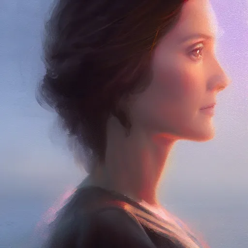 Image similar to a closeup portrait of a winona ryder, dramatic light, lake background, sunset, dark, painted by stanley lau, painted by greg rutkowski, painted by stanley artgerm, digital art, trending on artstation