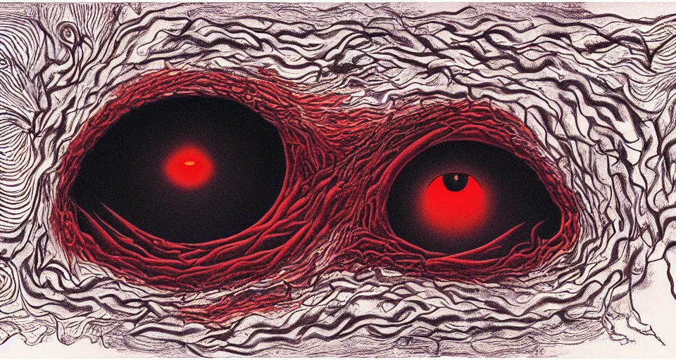 Prompt: a volcano made of ivory vines and crimson rocks enters in eruption, it spits a smoke in the shape of demonic eye, by Alex Grey ,