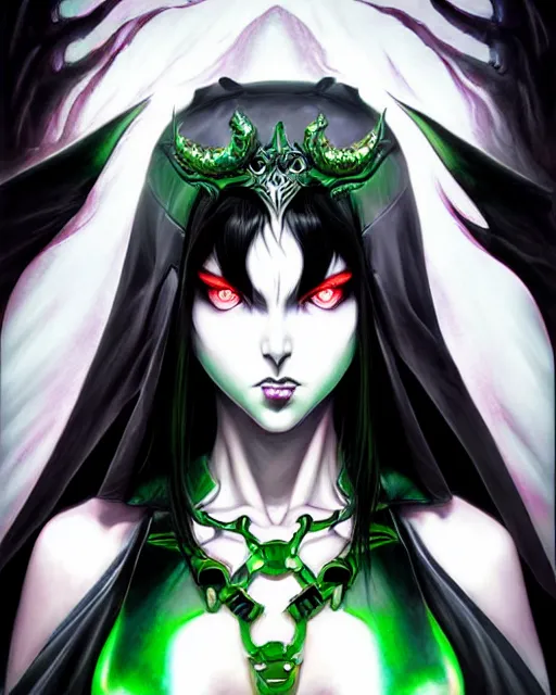 Prompt: beautiful demon queen woman only, evil grin, manga style only, black white and green colors only, symmetrical face and full body, demonic, cinematic, powerful, super detailed and intricate, hyper realistic, 4 k render, by artgerm, by kyoung hwan kim, by ralph mcquarrie, by yoshiyuki tomino
