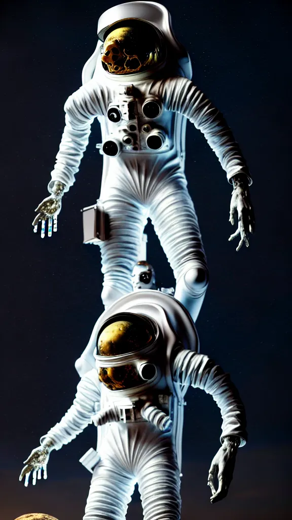 Prompt: full-body rococo and cyberpunk style chrome statue of a headless astronaut on the moon with futuristic elements. ethereal white dripping tar. full-length view. human skulls on altar. eldritch energies disturbing frightening intricate artwork by caravaggio. Trending on artstation, octane render, cinematic lighting from the right, hyper realism, octane render, 8k, depth of field, 3D