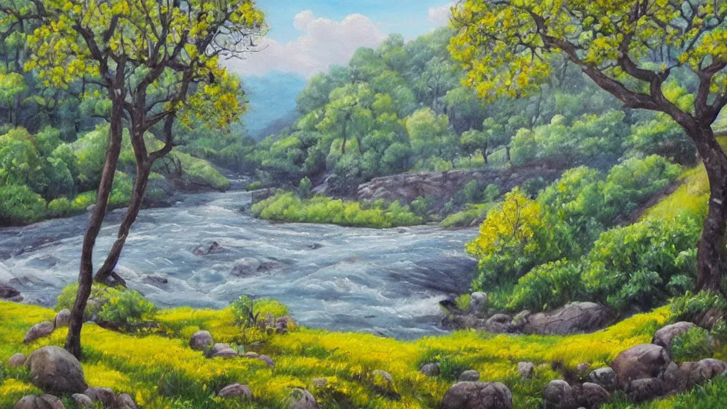 Image similar to A beautiful landscape oil painting of a hill with trees, some people are getting a shower in the river and some others are under the trees, the spring has arrived and the trees are blooming and covered with yellow, pink, purple and red flowers, the river come from the waterfall and is zigzagging and flowing its way, the river has lots of dark grey rocks, by Greg Rutkowski