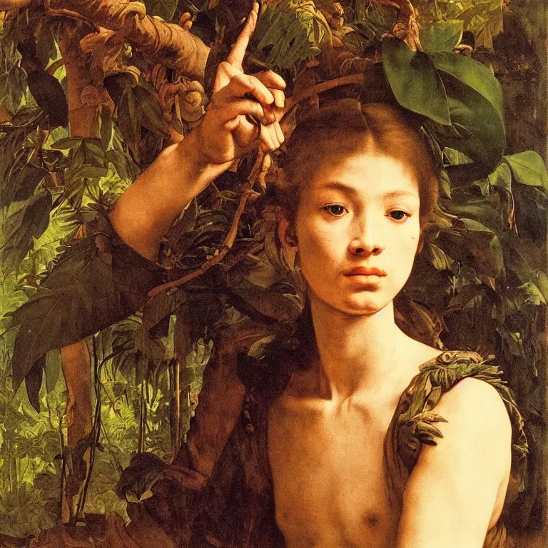 Prompt: portrait of a vietnam war soldier, majestic face, in jungle, fine art portrait painting, strong light, fashion, clair obscur, by albrecht durer, by caravaggio, by diego velazquez, by jean honore fragonard, by peter paul rubbens, by bouguereau