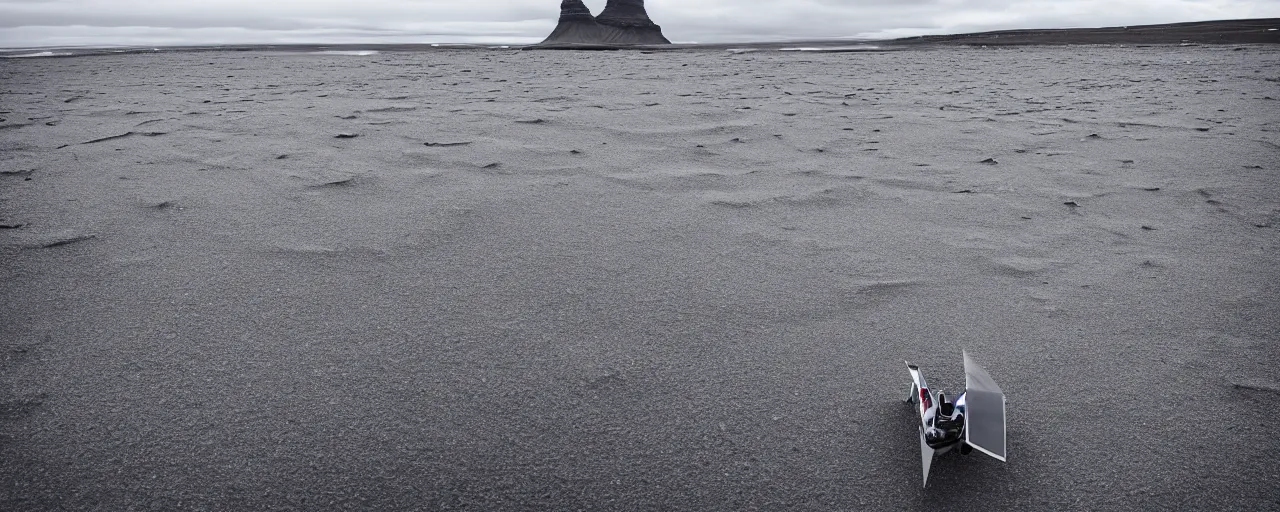 Prompt: low angle cinematic shot of lone futuristic mech in the middle of an endless black sand beach in iceland, icebergs, 2 8 mm