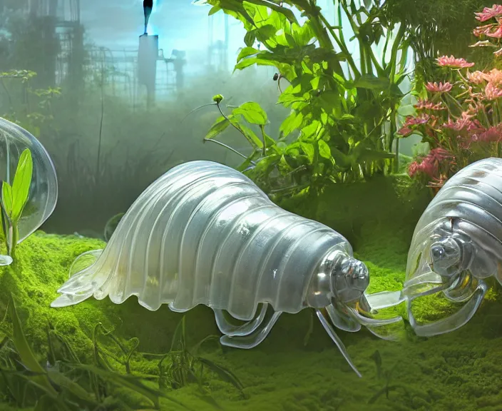 Image similar to simplicity, transparent clear see - through image of isopods, lush botany, flowers, industrial plant environment, ultra realistic, concept art, photorealistic, octane render, 8 k, unreal engine. art by gustave dore and nori inoguchi and sam kaplan and zachary goulko and christopher marley and artgerm and alphonse mucha