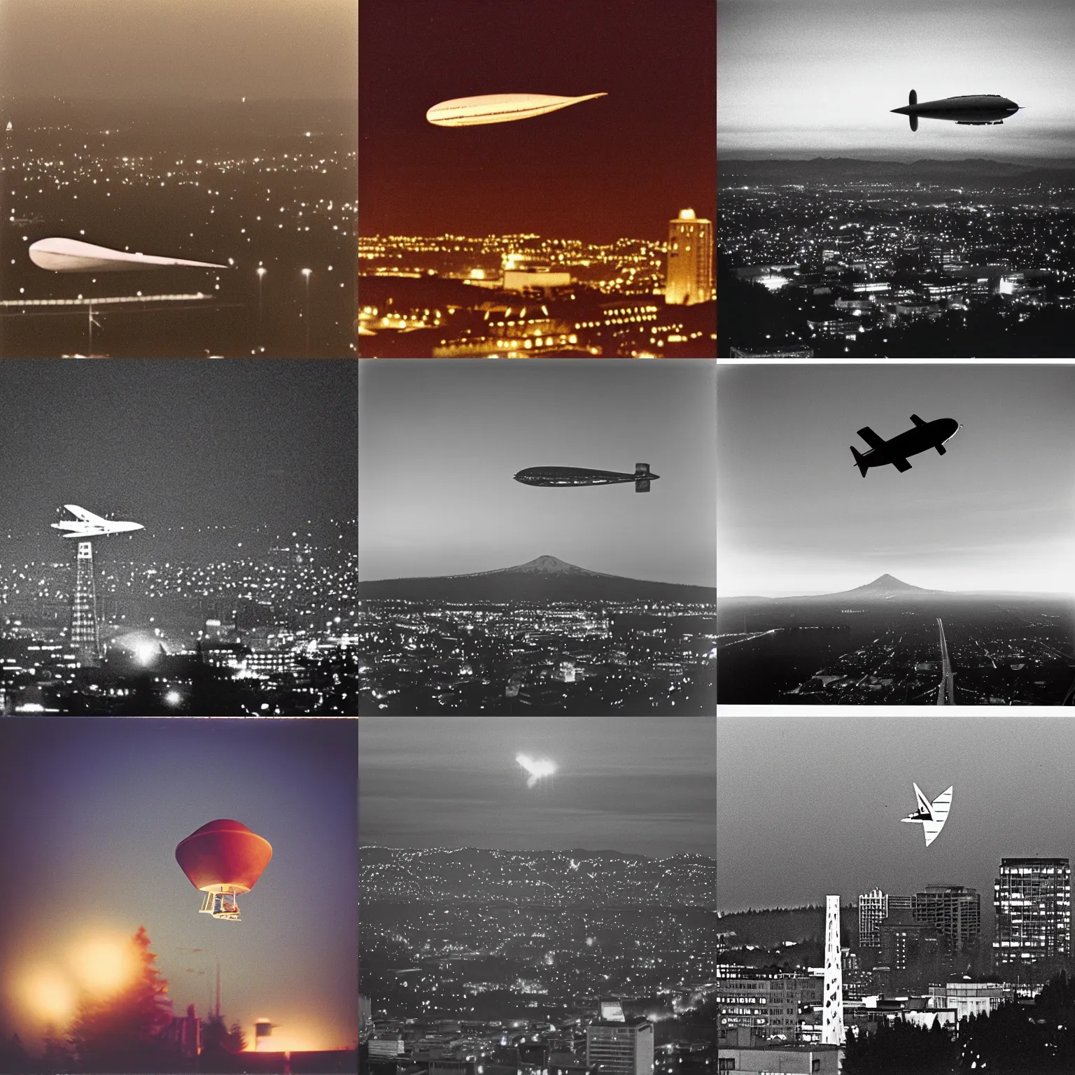 Prompt: zeppelin over portland, oregon, analog medium format bokeh night flash, 1 9 8 0 s, detailed photograph