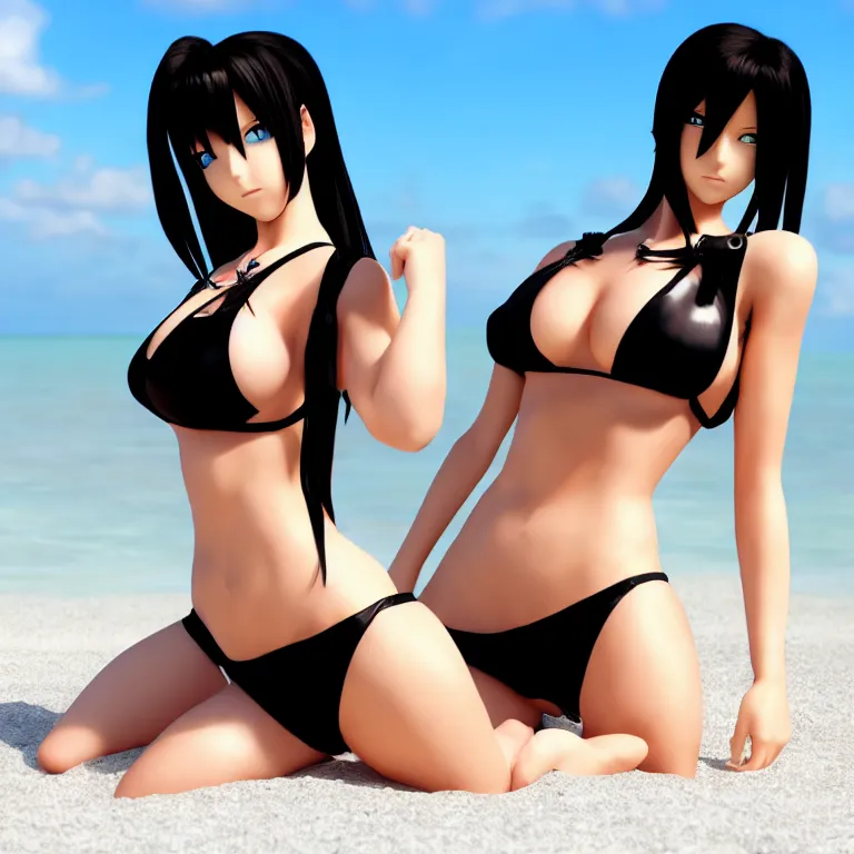 Prompt: tifa lockheart on a beach in an black bikini, realistic, model shot, anime style, anime eyes, dslr photo