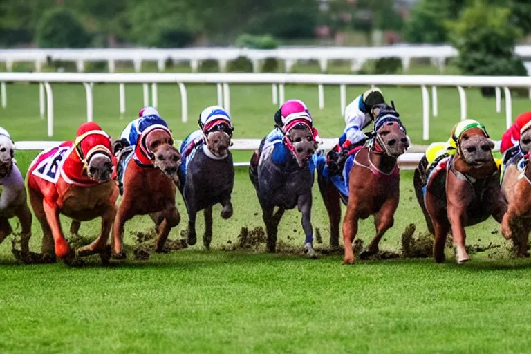 Image similar to an award winning shot a horse racing track with racing bulldogs that are winning the race at the finish line